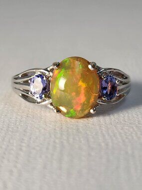 NIB Classic VTG Natural Ethiopian Opal Tanzanite White Gold Over 925 Ring Size 7